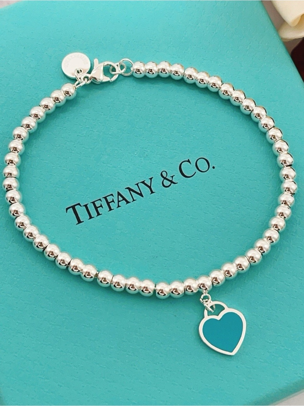 Tiffany & Co. Silver Beaded Bracelet with Tiffany Blue Heart Charm